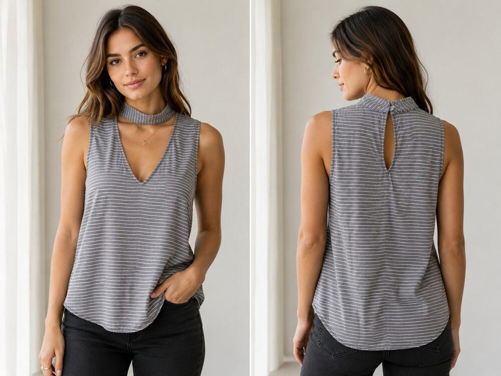 Molly Green Cam Top Small NWT Gray White Stripe Tencel Choker Neck Sleeveless